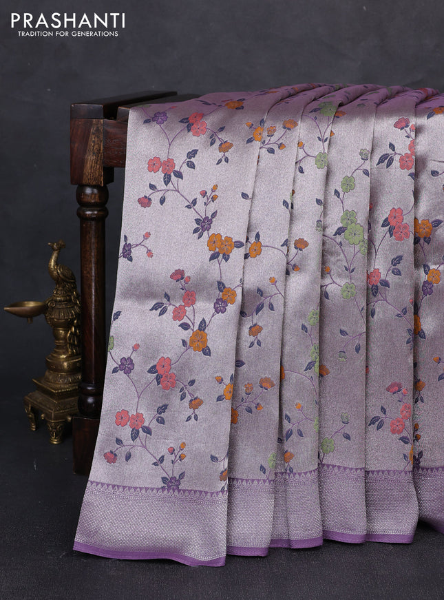 Banarasi raw silk saree pastel purple with allover silver zari woven paithani weaves and zari woven border