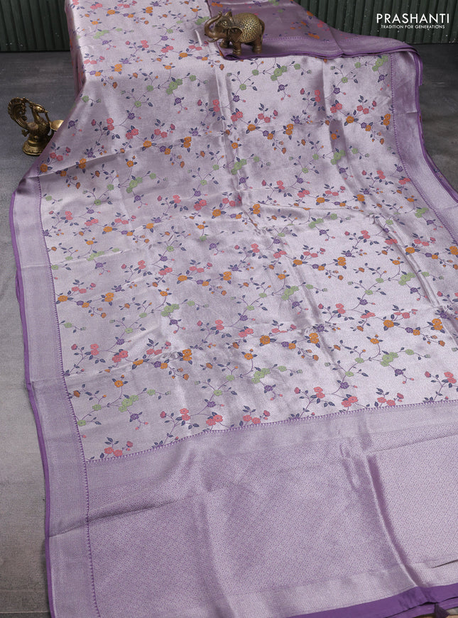 Banarasi raw silk saree pastel purple with allover silver zari woven paithani weaves and zari woven border