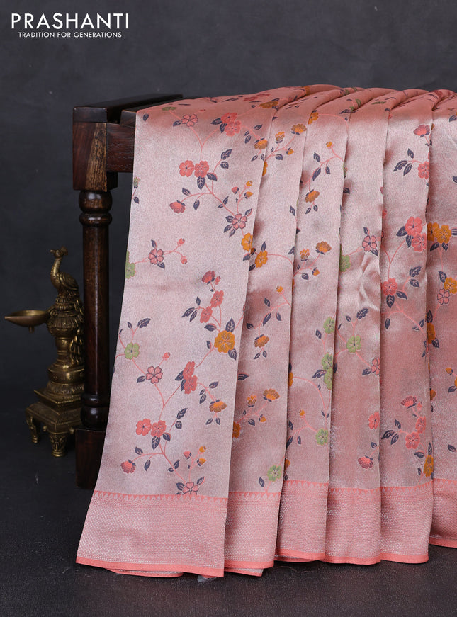 Banarasi raw silk saree peach orange with allover silver zari woven paithani weaves and zari woven border