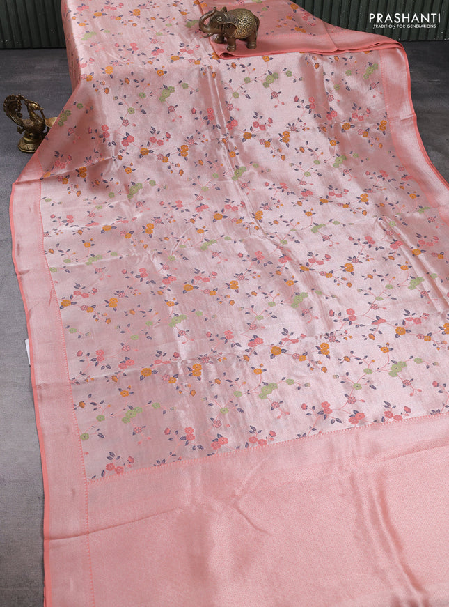Banarasi raw silk saree peach orange with allover silver zari woven paithani weaves and zari woven border