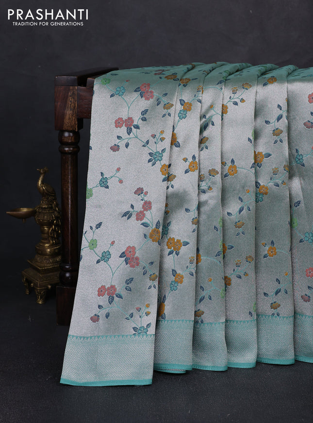 Banarasi raw silk saree teal green with allover silver zari woven paithani weaves and zari woven border