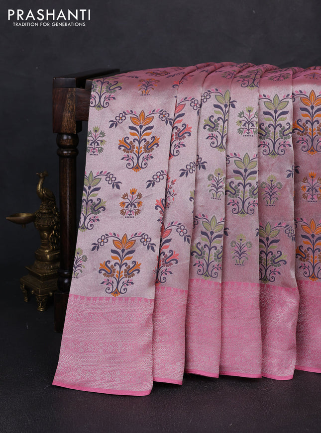 Banarasi raw silk saree light pink with allover silver zari woven paithani weaves and zari woven border