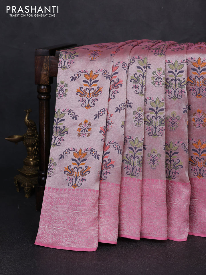 Banarasi raw silk saree light pink with allover silver zari woven paithani weaves and zari woven border