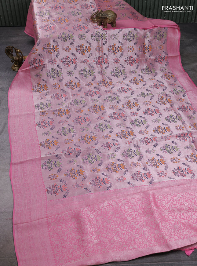 Banarasi raw silk saree light pink with allover silver zari woven paithani weaves and zari woven border