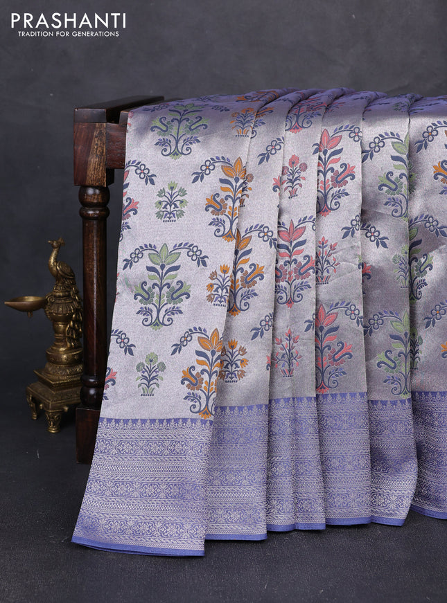 Banarasi raw silk saree blue shade with allover silver zari woven paithani weaves and zari woven border