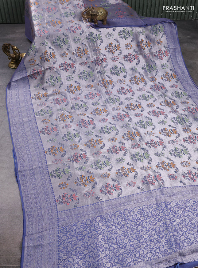 Banarasi raw silk saree blue shade with allover silver zari woven paithani weaves and zari woven border