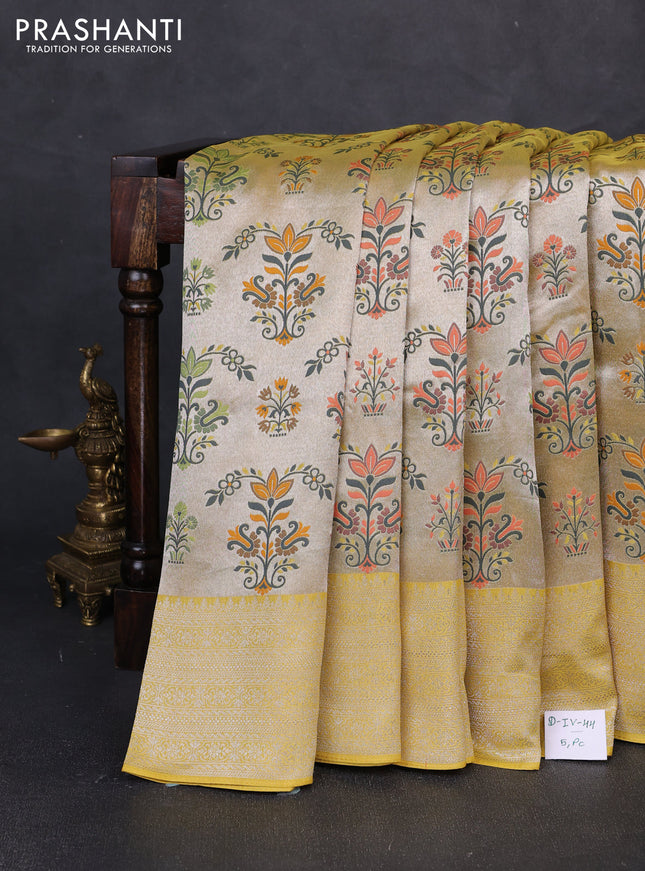 Banarasi raw silk saree yellow with allover silver zari woven paithani weaves and zari woven border