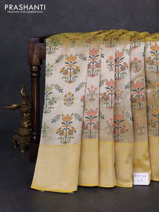 Banarasi raw silk saree yellow with allover silver zari woven paithani weaves and zari woven border
