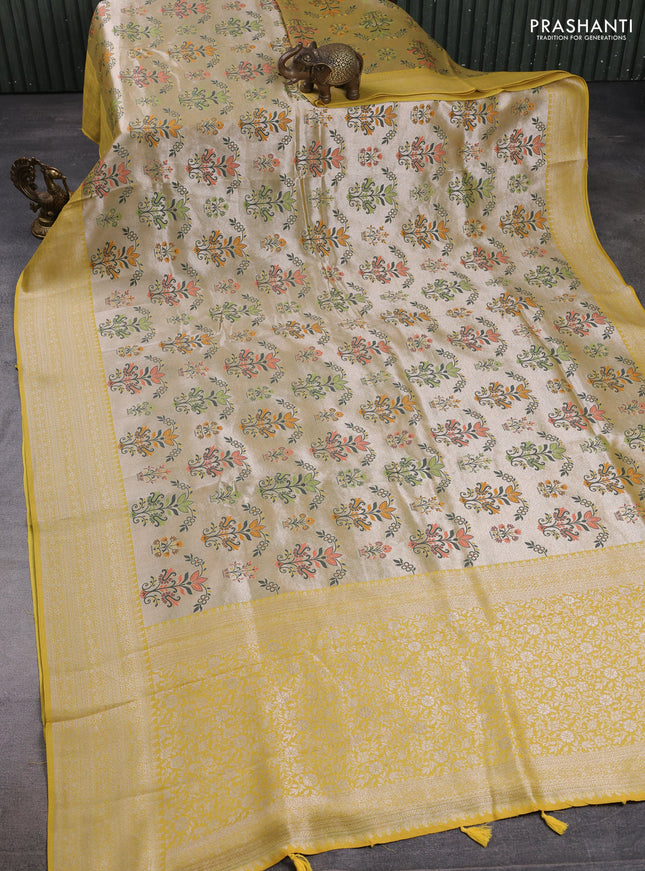 Banarasi raw silk saree yellow with allover silver zari woven paithani weaves and zari woven border