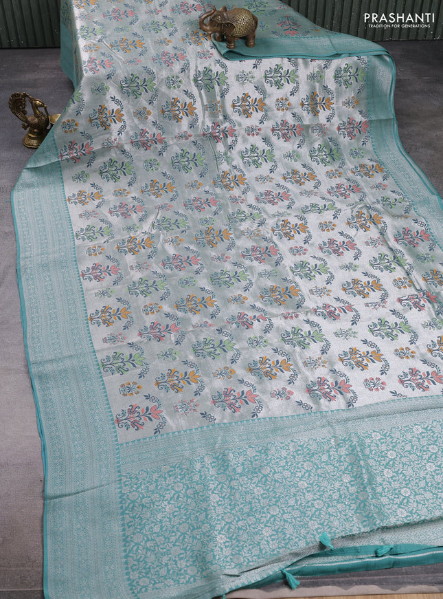 Banarasi raw silk saree teal green with allover silver zari woven paithani weaves and zari woven border