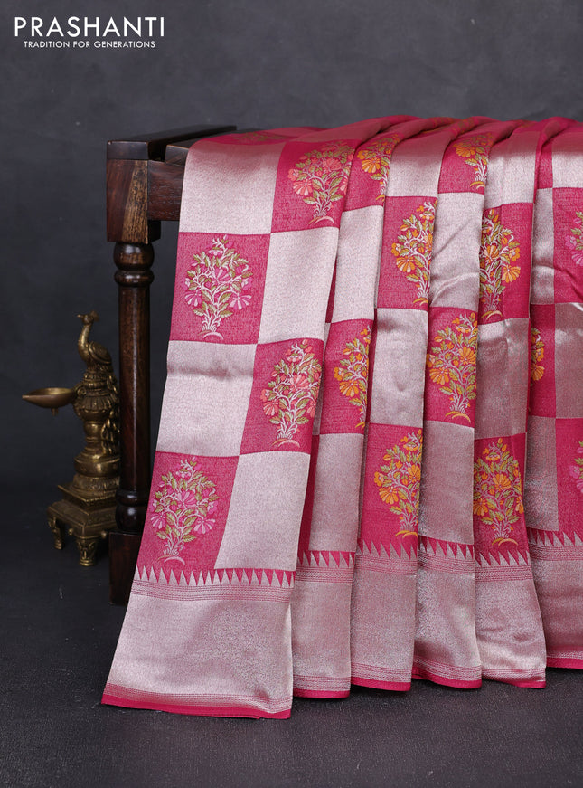 Banarasi raw silk saree magenta pink with allover silver zari weaves & paithani buttas and zari woven border