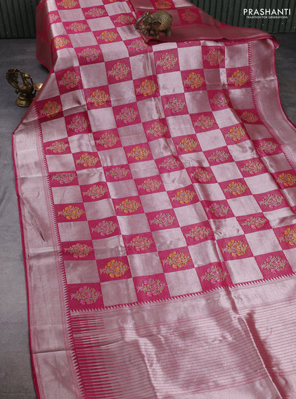 Banarasi raw silk saree magenta pink with allover silver zari weaves & paithani buttas and zari woven border