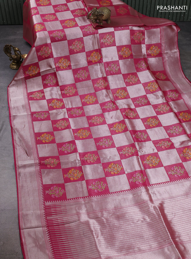 Banarasi raw silk saree magenta pink with allover silver zari weaves & paithani buttas and zari woven border