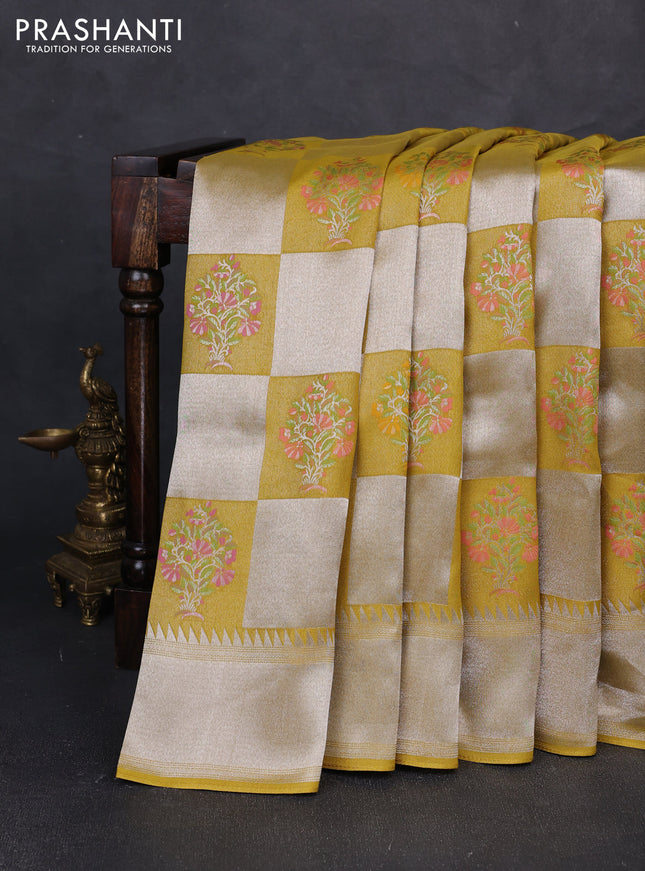 Banarasi raw silk saree yellow with allover silver zari weaves & paithani buttas and zari woven border