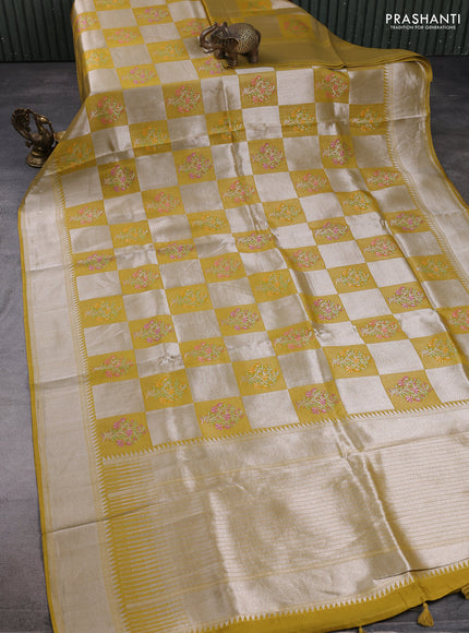Banarasi raw silk saree yellow with allover silver zari weaves & paithani buttas and zari woven border