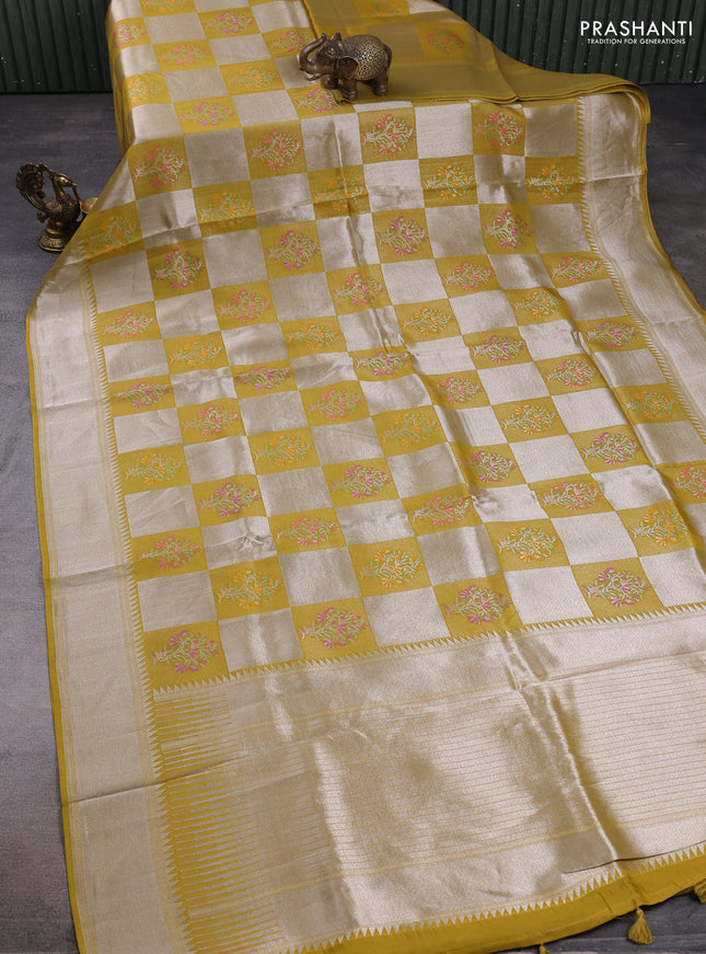 Banarasi raw silk saree yellow with allover silver zari weaves & paithani buttas and zari woven border