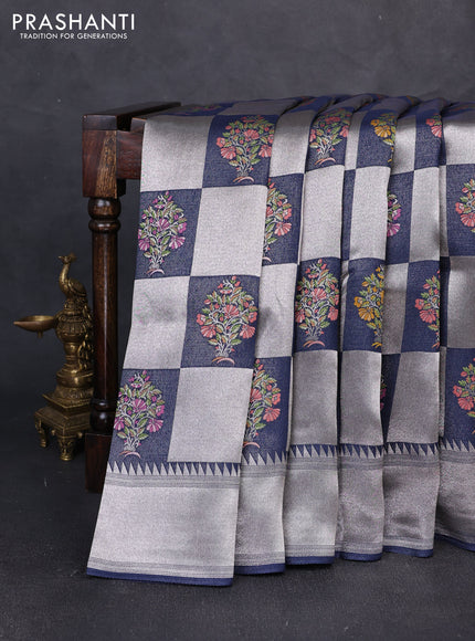 Banarasi raw silk saree peacock blue with allover silver zari weaves & paithani buttas and zari woven border