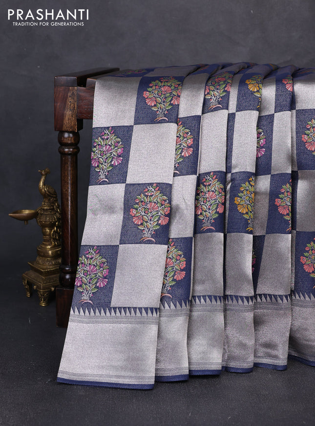 Banarasi raw silk saree peacock blue with allover silver zari weaves & paithani buttas and zari woven border