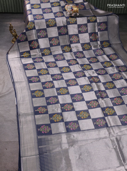 Banarasi raw silk saree peacock blue with allover silver zari weaves & paithani buttas and zari woven border