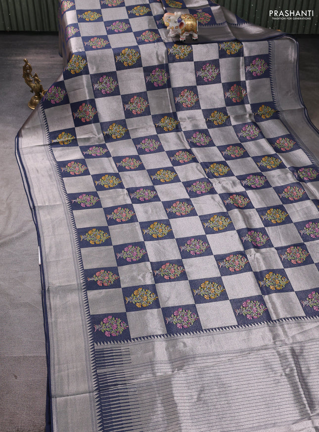 Banarasi raw silk saree peacock blue with allover silver zari weaves & paithani buttas and zari woven border