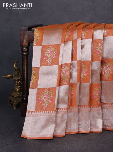 Banarasi raw silk saree rust shade with allover silver zari weaves & paithani buttas and zari woven border