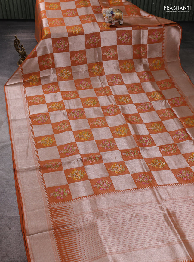 Banarasi raw silk saree rust shade with allover silver zari weaves & paithani buttas and zari woven border