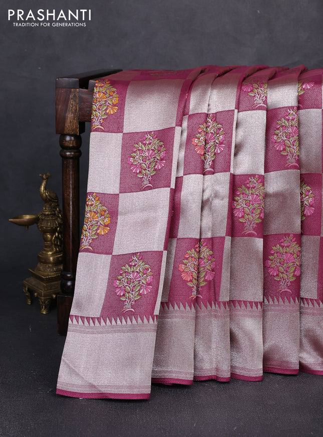 Banarasi raw silk saree wine with allover silver zari weaves & paithani buttas and zari woven border
