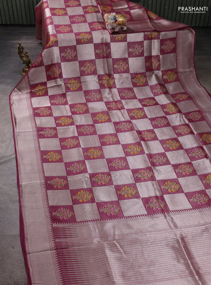 Banarasi raw silk saree wine with allover silver zari weaves & paithani buttas and zari woven border