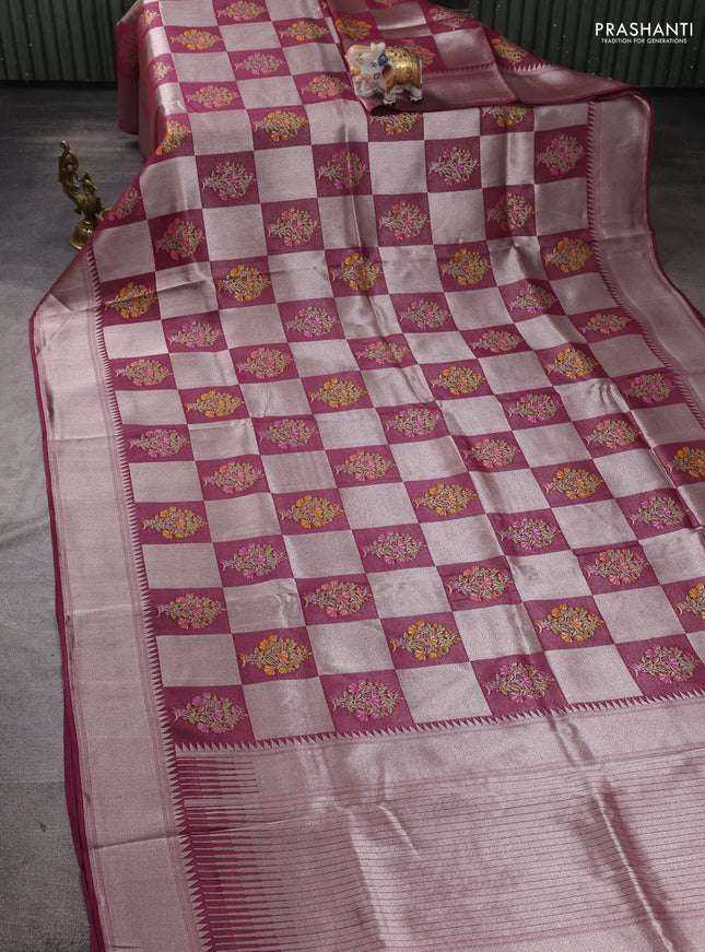 Banarasi raw silk saree wine with allover silver zari weaves & paithani buttas and zari woven border