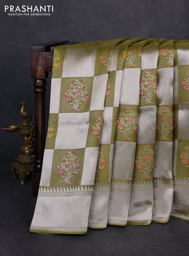 Banarasi raw silk saree mehendi green with allover silver zari weaves & paithani buttas and zari woven border