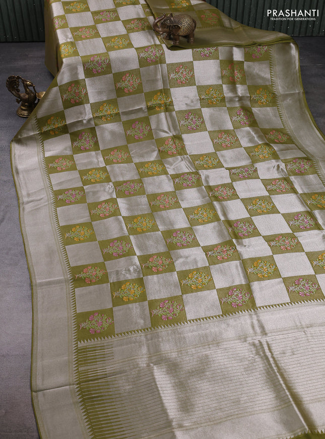 Banarasi raw silk saree mehendi green with allover silver zari weaves & paithani buttas and zari woven border