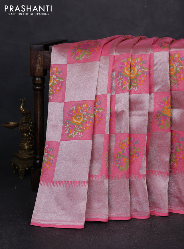 Banarasi raw silk saree peach pink with allover silver zari weaves & paithani buttas and zari woven border