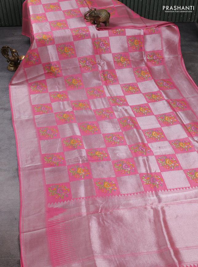Banarasi raw silk saree peach pink with allover silver zari weaves & paithani buttas and zari woven border