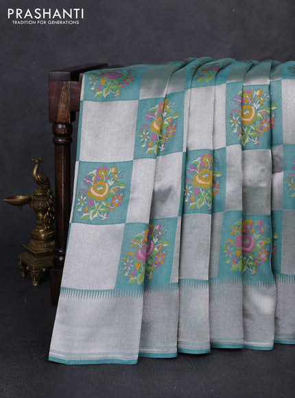 Banarasi raw silk saree teal green with allover silver zari weaves & paithani buttas and zari woven border