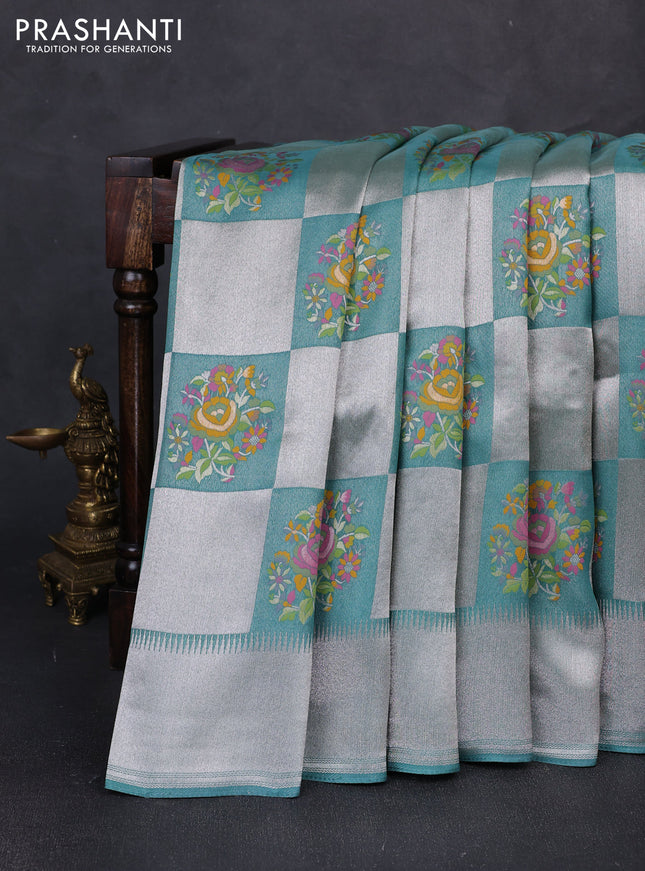 Banarasi raw silk saree teal green with allover silver zari weaves & paithani buttas and zari woven border
