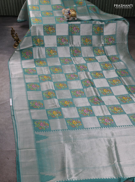 Banarasi raw silk saree teal green with allover silver zari weaves & paithani buttas and zari woven border