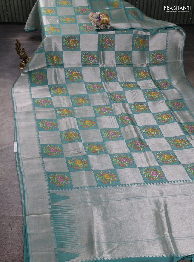 Banarasi raw silk saree teal green with allover silver zari weaves & paithani buttas and zari woven border