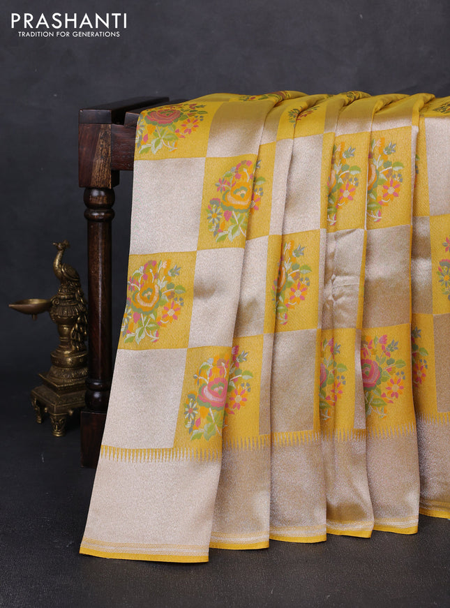 Banarasi raw silk saree yellow with allover silver zari weaves & paithani buttas and zari woven border