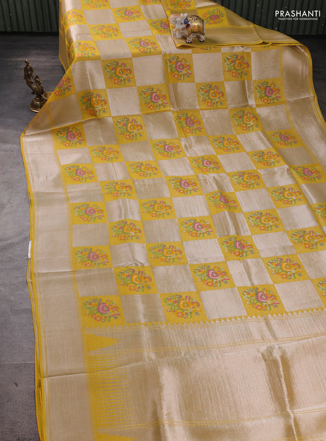 Banarasi raw silk saree yellow with allover silver zari weaves & paithani buttas and zari woven border
