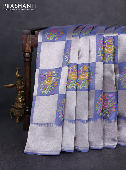 Banarasi raw silk saree greyish blue with allover silver zari weaves & paithani buttas and zari woven border