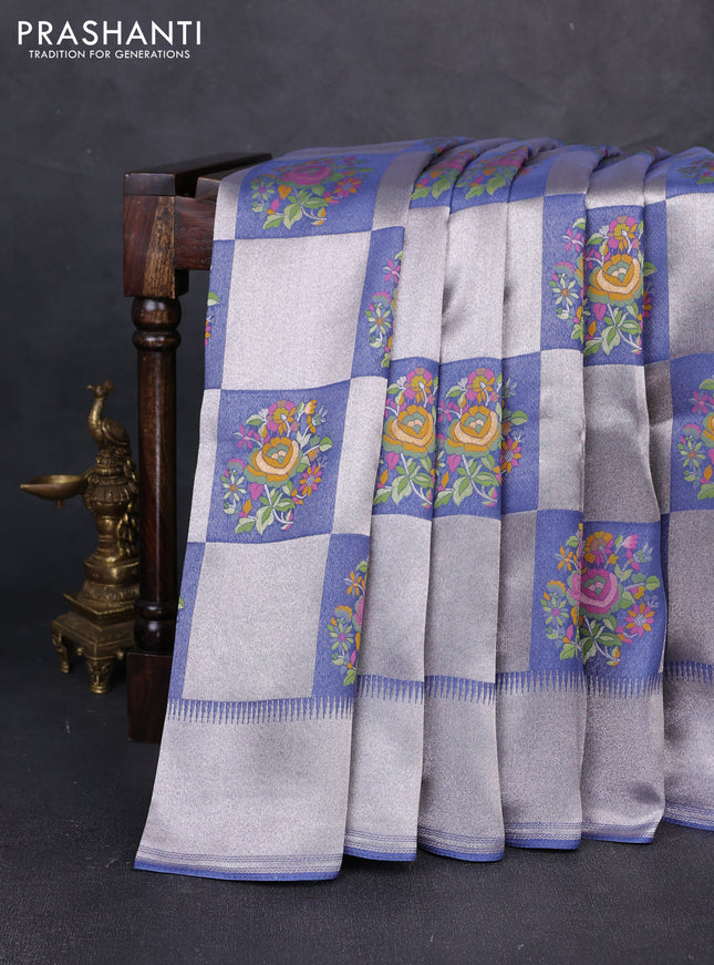 Banarasi raw silk saree greyish blue with allover silver zari weaves & paithani buttas and zari woven border
