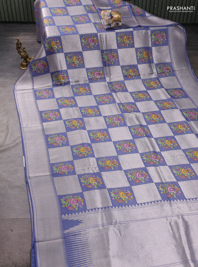 Banarasi raw silk saree greyish blue with allover silver zari weaves & paithani buttas and zari woven border