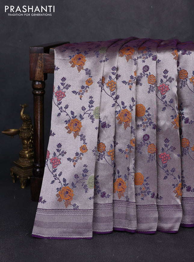 Banarasi raw silk saree violet with allover silver zari woven paithani weaves and zari woven border