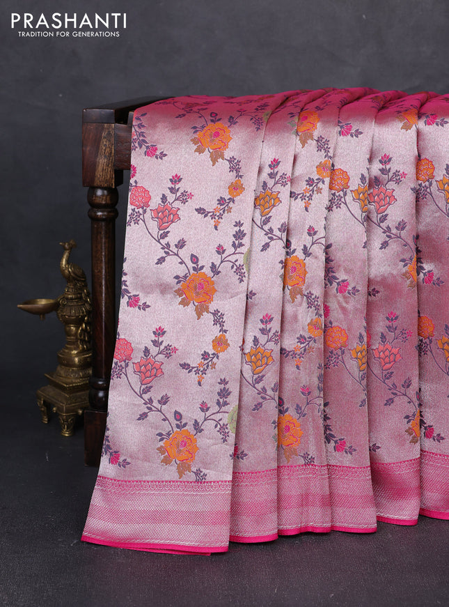 Banarasi raw silk saree pink with allover silver zari woven paithani weaves and zari woven border