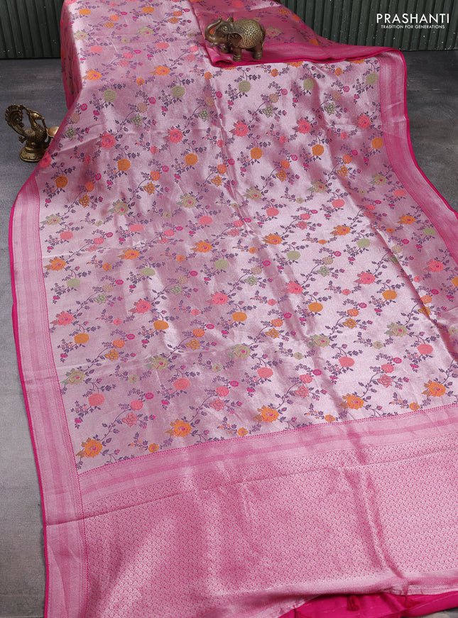Banarasi raw silk saree pink with allover silver zari woven paithani weaves and zari woven border
