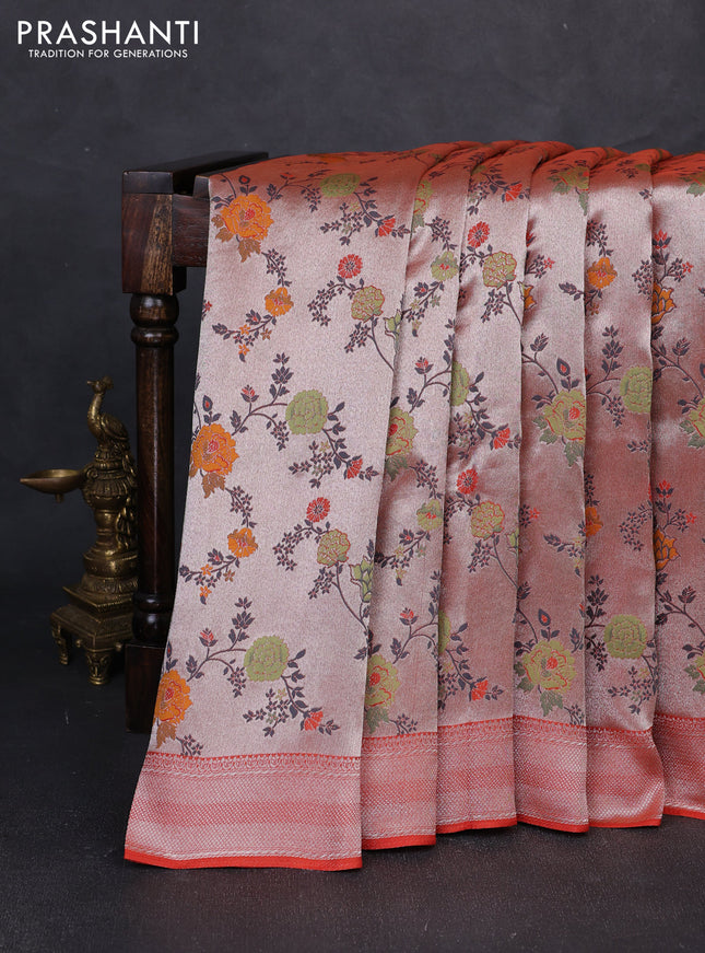 Banarasi raw silk saree orange with allover silver zari woven paithani weaves and zari woven border