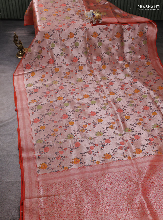 Banarasi raw silk saree orange with allover silver zari woven paithani weaves and zari woven border