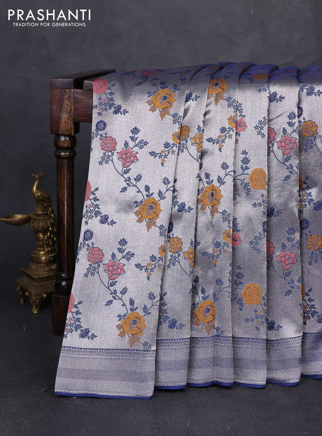 Banarasi raw silk saree navy blue with allover silver zari woven paithani weaves and zari woven border