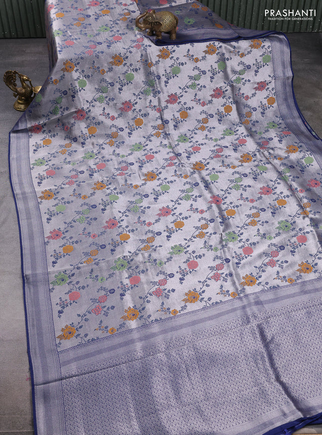 Banarasi raw silk saree navy blue with allover silver zari woven paithani weaves and zari woven border