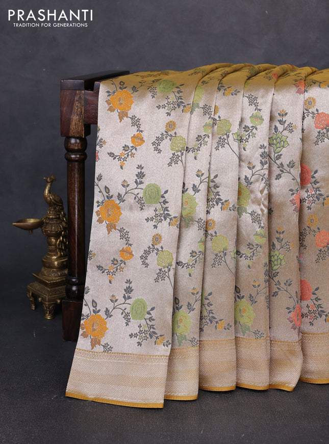 Banarasi raw silk saree mustard yellow with allover silver zari woven paithani weaves and zari woven border